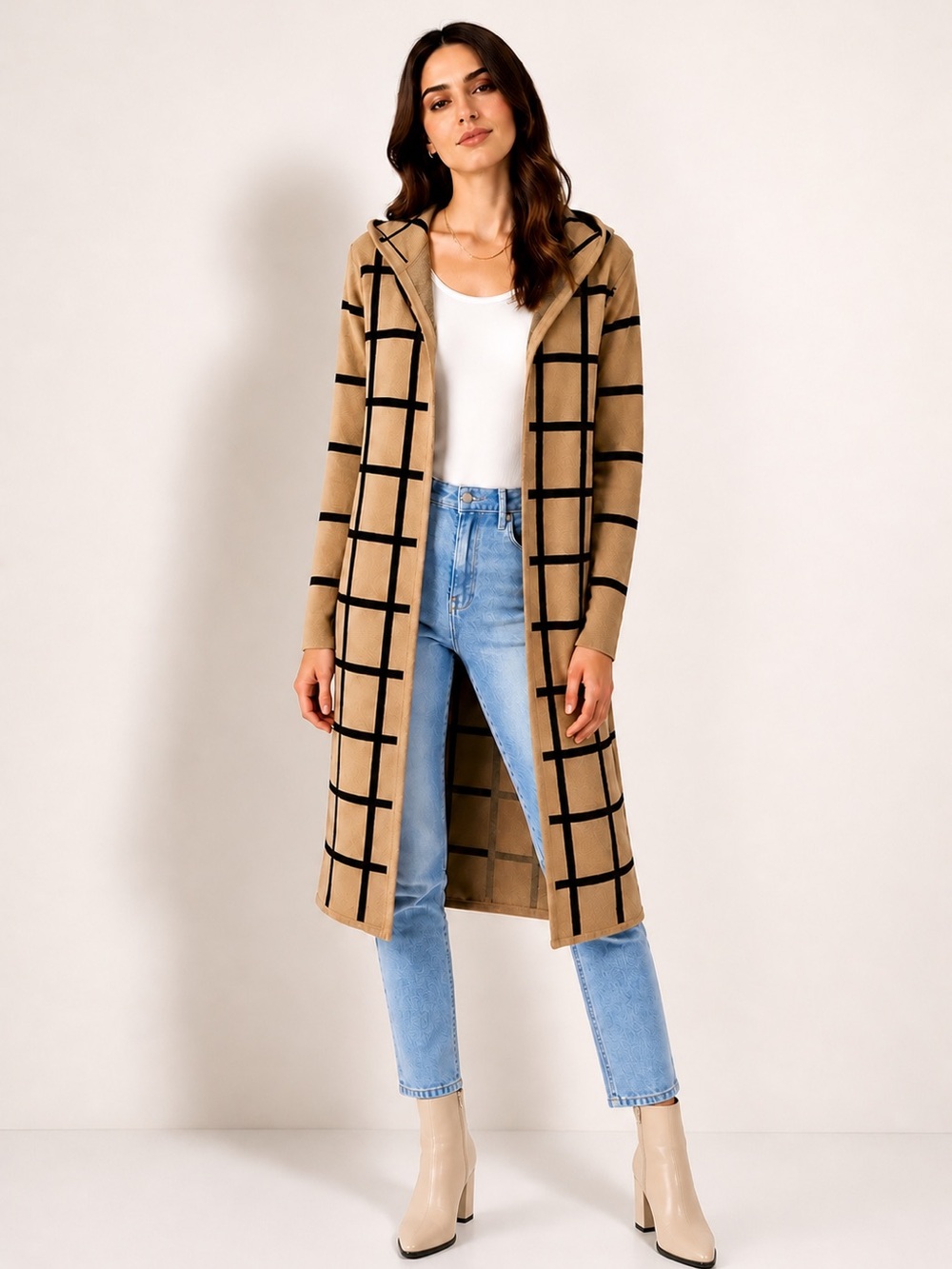 Long Hooded Grid-Pattern Cardigan - Camel/Black Size S